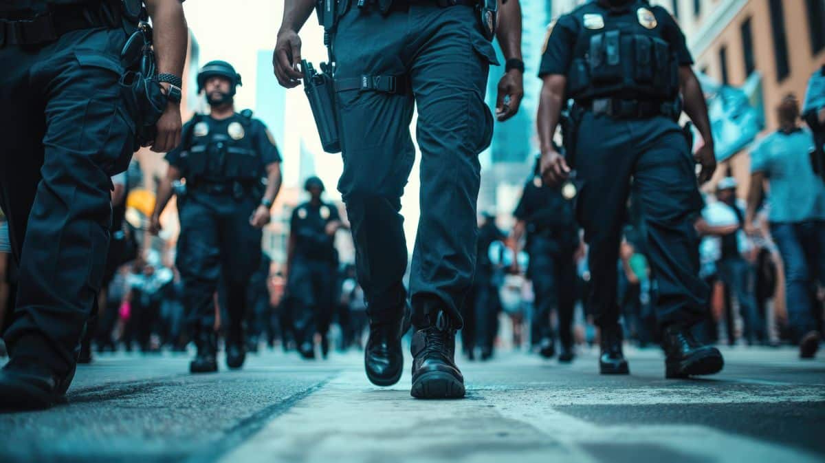 Policiais em marcha, participando de uma operação de segurança nas ruas, em apoio ao projeto do piso salarial nacional.