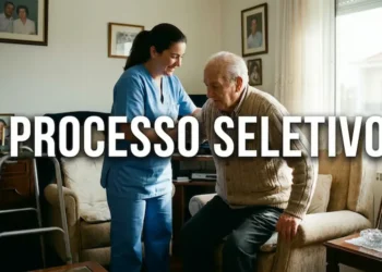 Cuidadora auxiliando idoso a levantar do sofá ilustrando o processo seletivo para vaga de cuidador.