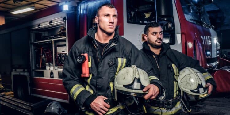 Bombeiros em frente a um caminhão de bombeiros, prontos para uma emergência, durante a noite, com equipamentos de proteção.