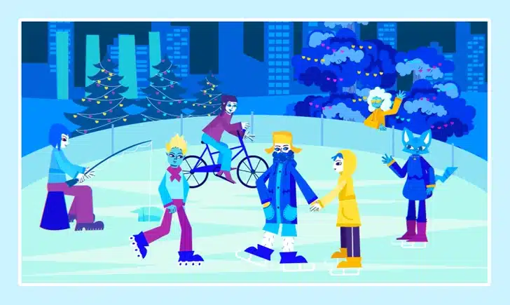 Ilustração de pista de gelo com pessoas patinando, bicicleta, árvore de Natal e prédios ao fundo em tons de azul