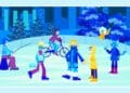Ilustração colorida com pessoas em pista de gelo: pescador, ciclista, patinadores e personagem lobo azul