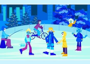 Ilustração colorida com pessoas em pista de gelo: pescador, ciclista, patinadores e personagem lobo azul
