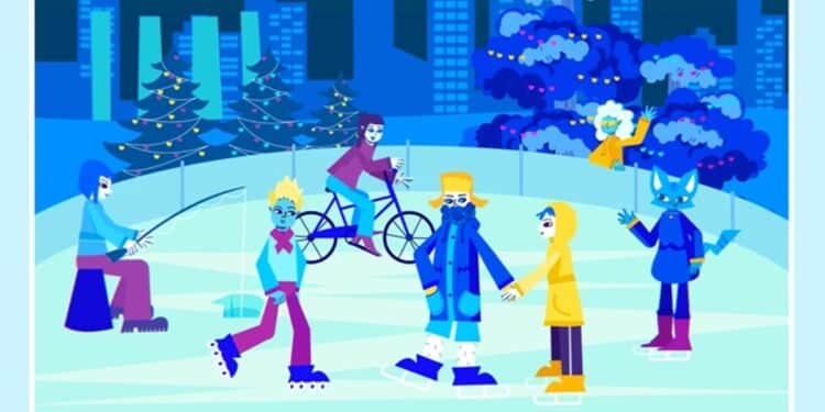 Ilustração colorida com pessoas em pista de gelo: pescador, ciclista, patinadores e personagem lobo azul