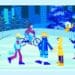 Ilustração colorida com pessoas em pista de gelo: pescador, ciclista, patinadores e personagem lobo azul