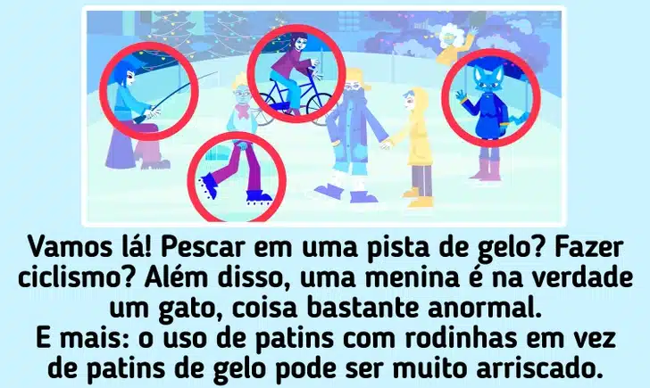 Ilustração colorida com pessoas em pista de gelo: pescador, ciclista, patinadores e personagem lobo azul