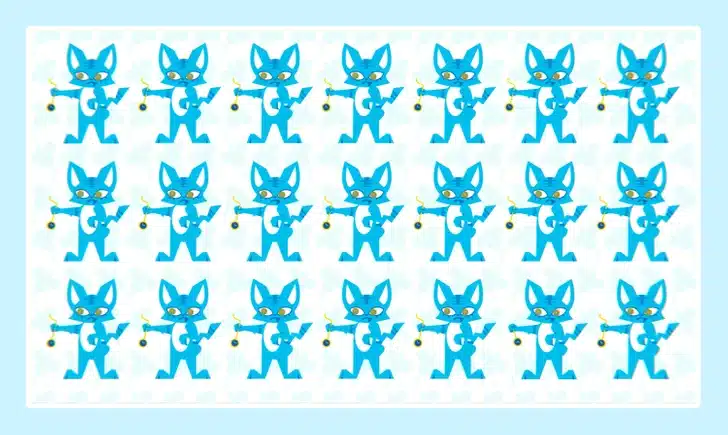 Grade com 21 gatos azuis estilizados segurando objetos, desafio para encontrar o diferente