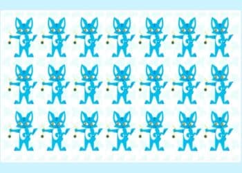 Grade com 21 gatos azuis em estilo desenho, braços abertos, organizados em 4 fileiras sobre fundo azul claro.