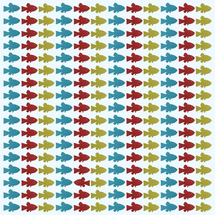 Grade com peixes coloridos em azul, vermelho e amarelo-verde sobre fundo claro, um nada na direção oposta