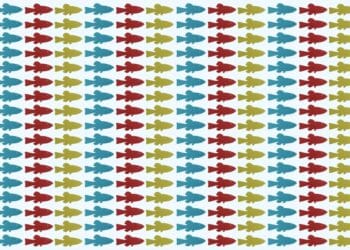 Peixes coloridos em azul, vermelho e verde-oliva organizados em linhas horizontais, com um nadando na direção oposta