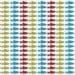 Peixes coloridos em azul, vermelho e verde-oliva organizados em linhas horizontais, com um nadando na direção oposta