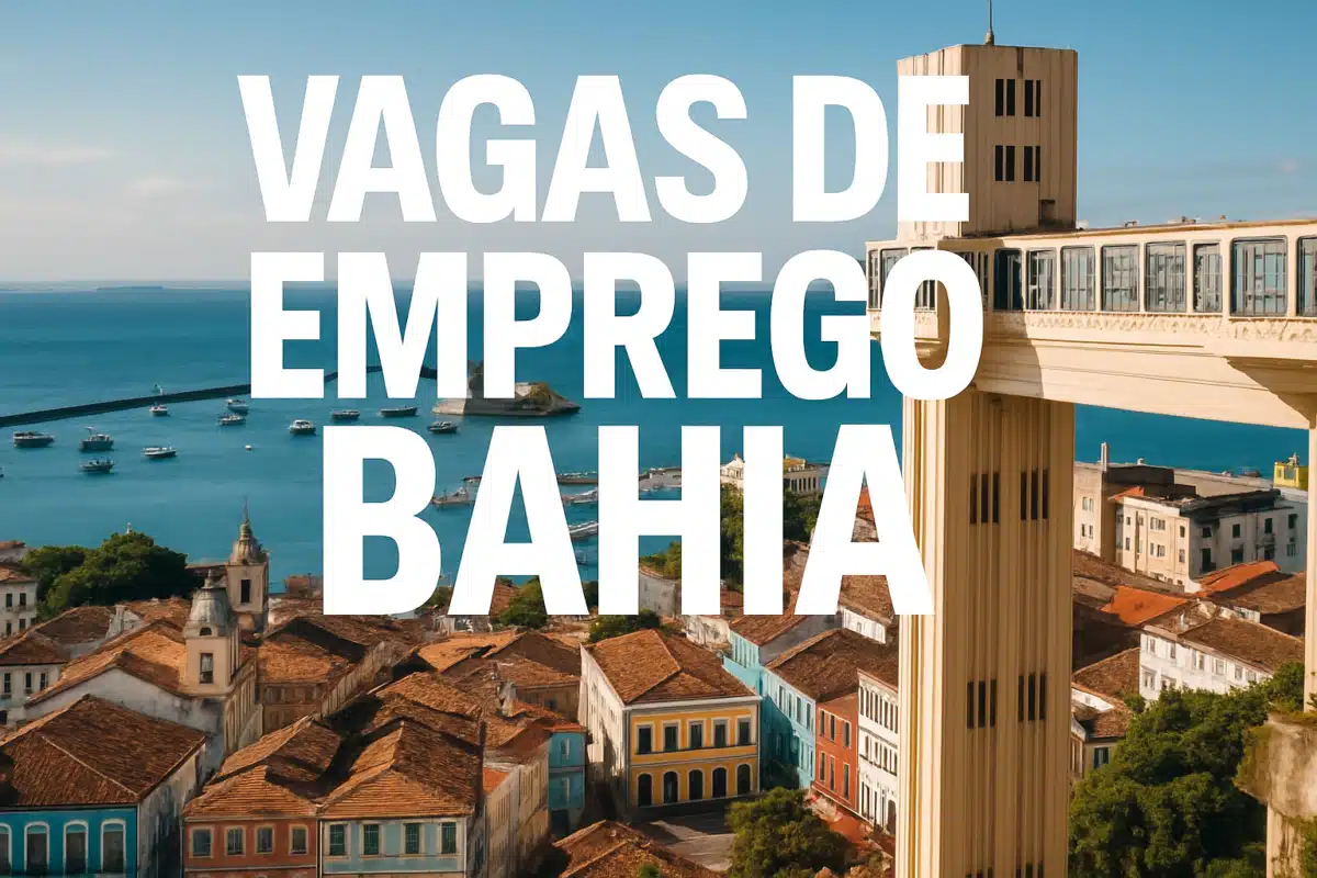 Nome "Vagas de emprego na Bahia" em destaque e paisagem de Salvador.