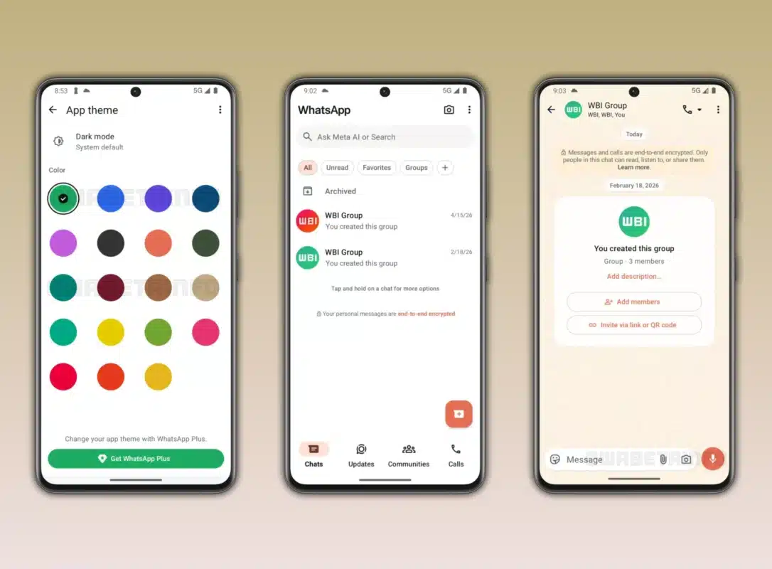 Telas do WhatsApp exibindo opções de personalização como mudança de cores, organização de chats e interface do aplicativo. 