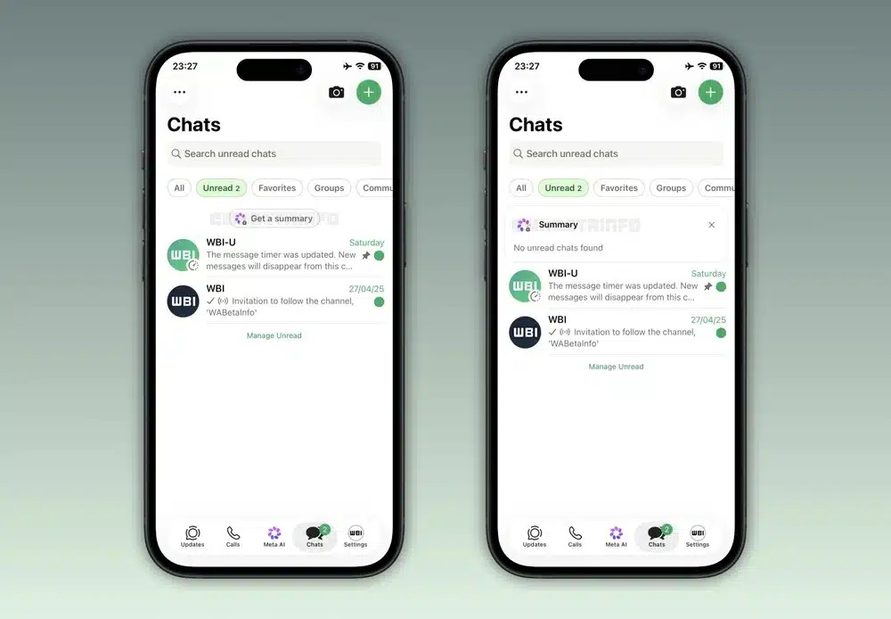 Exibição do WhatsApp com a nova funcionalidade de resumos privados, destacando o botão 'Resumir' para chats não lidos.