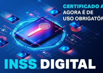 Arte digital com tablet, ícones de segurança e aviso de que o Certificado Digital A3 passa a ser obrigatório para acesso ao sistema do INSS