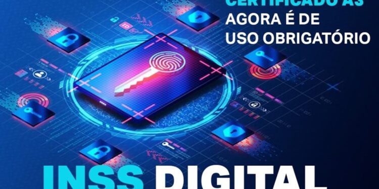 Arte digital com tablet, ícones de segurança e aviso de que o Certificado Digital A3 passa a ser obrigatório para acesso ao sistema do INSS