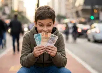 Adolescente sorrindo ao segurar dinheiro na mão em rua urbana, representando oportunidade de renda para jovens em projeto da prefeitura.