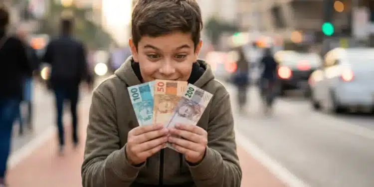 Adolescente sorrindo ao segurar dinheiro na mão em rua urbana, representando oportunidade de renda para jovens em projeto da prefeitura.