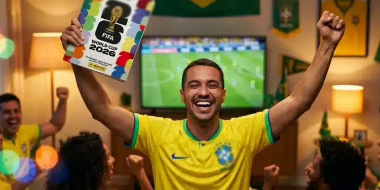 Álbum da Copa do Mundo 2026 em pré-venda, sendo segurado por torcedor brasileiro que comemora enquanto assiste a um jogo de futebol.