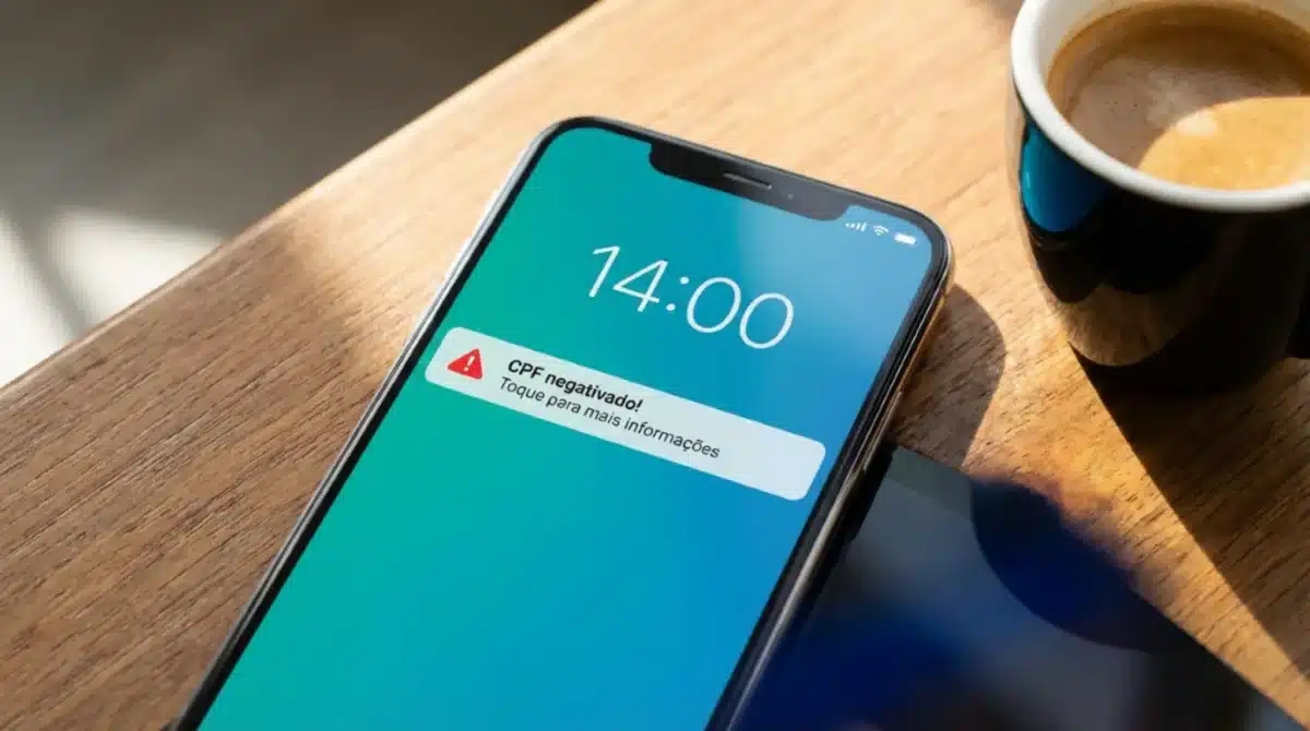 Celular com alerta de CPF negativado na tela, representando notificação de dívida desconhecida e possível fraude de empréstimo na conta de luz.