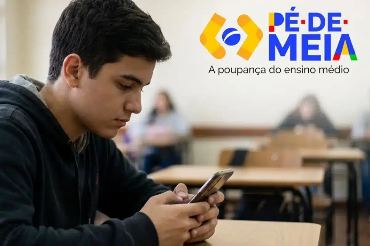 Estudante do ensino médio utilizando celular em sala de aula ao lado do logo do programa Pé-de-Meia