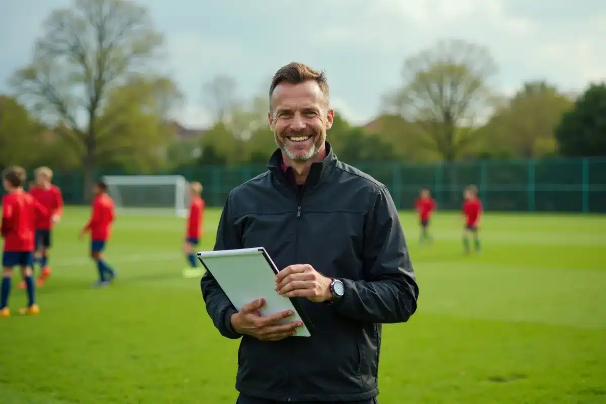 Treinador analisando dados e estratégias de jogo durante treino de futebol com jovens jogadores.