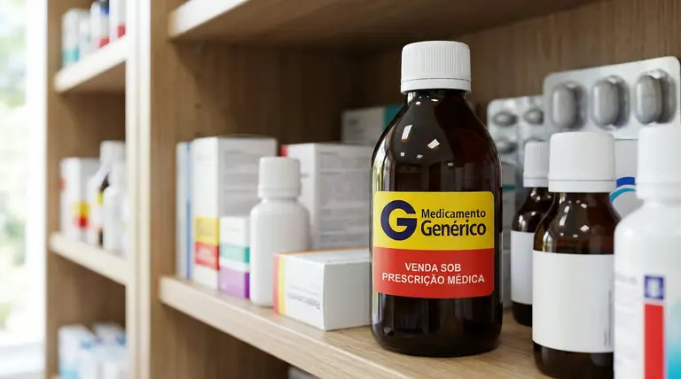Frasco de xarope genérico em prateleira de farmácia ilustrando retirada de medicamentos com clobutinol pela Anvisa.