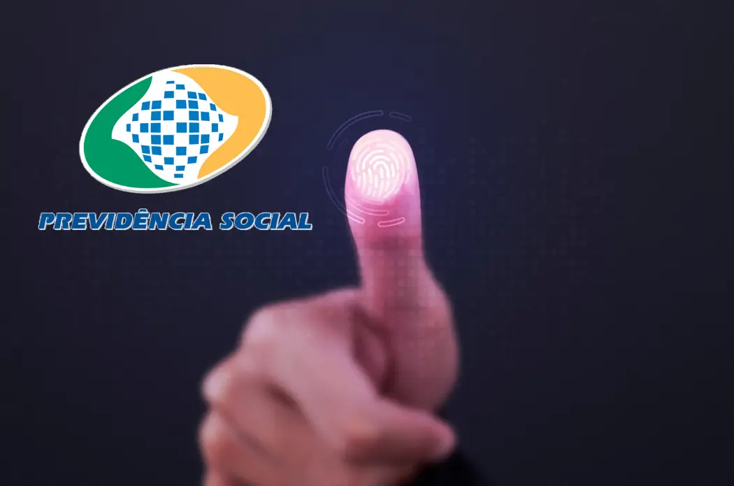 Leitura de impressão digital com logotipo da Previdência Social representando validação biométrica no INSS