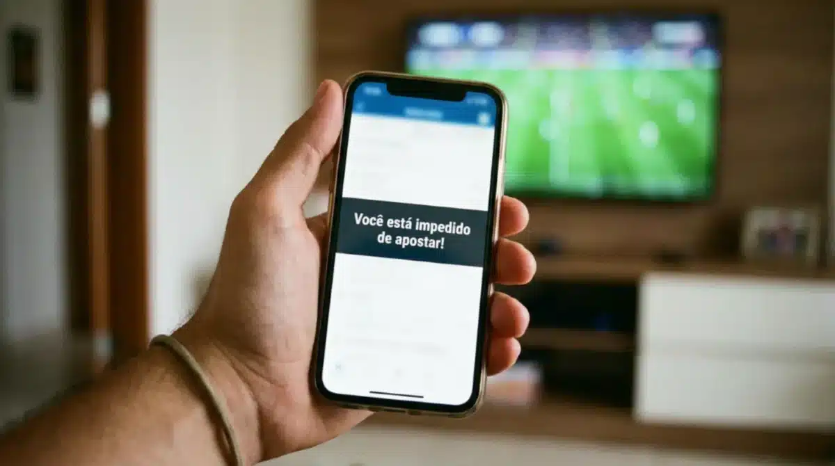 Uma pessoa tentando apostar em uma plataforma, com a mensagem ‘Você está impedido de apostar!’ no celular, ilustrando as restrições impostas a beneficiários do Bolsa Família e BPC.