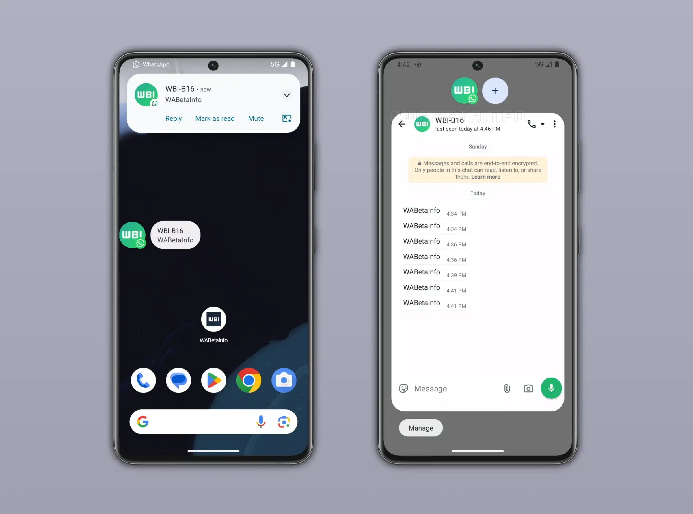 Dois smartphones Android exibindo notificação push e tela de chat do WhatsApp beta com perfil WBI-B16