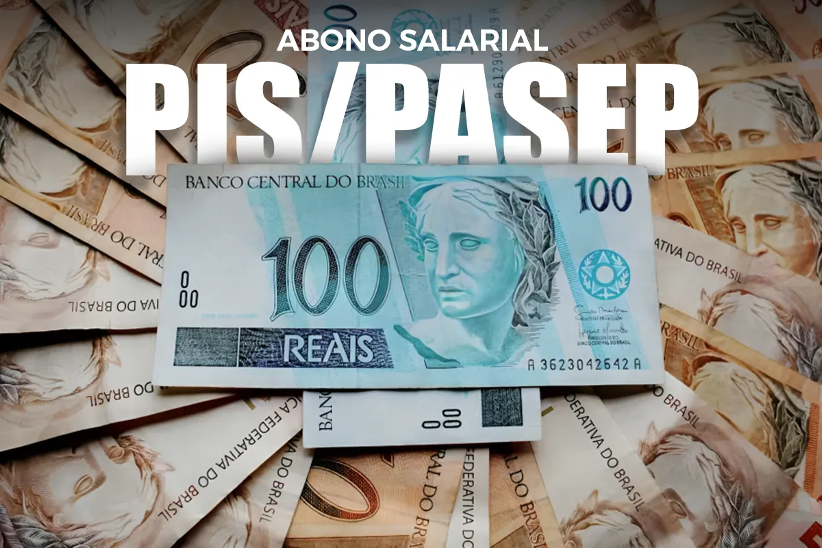 Cédulas de reais com texto sobre o Abono Salarial PIS/Pasep, representando o cálculo do valor do benefício em 2026.