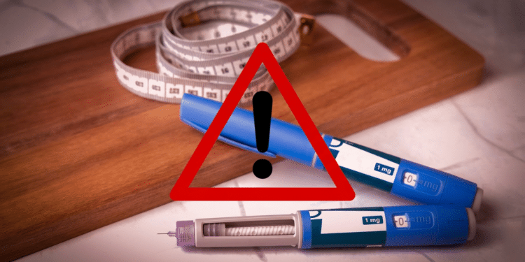 Canetas injetáveis azuis com fita métrica sobre tábua de madeira e símbolo de alerta.