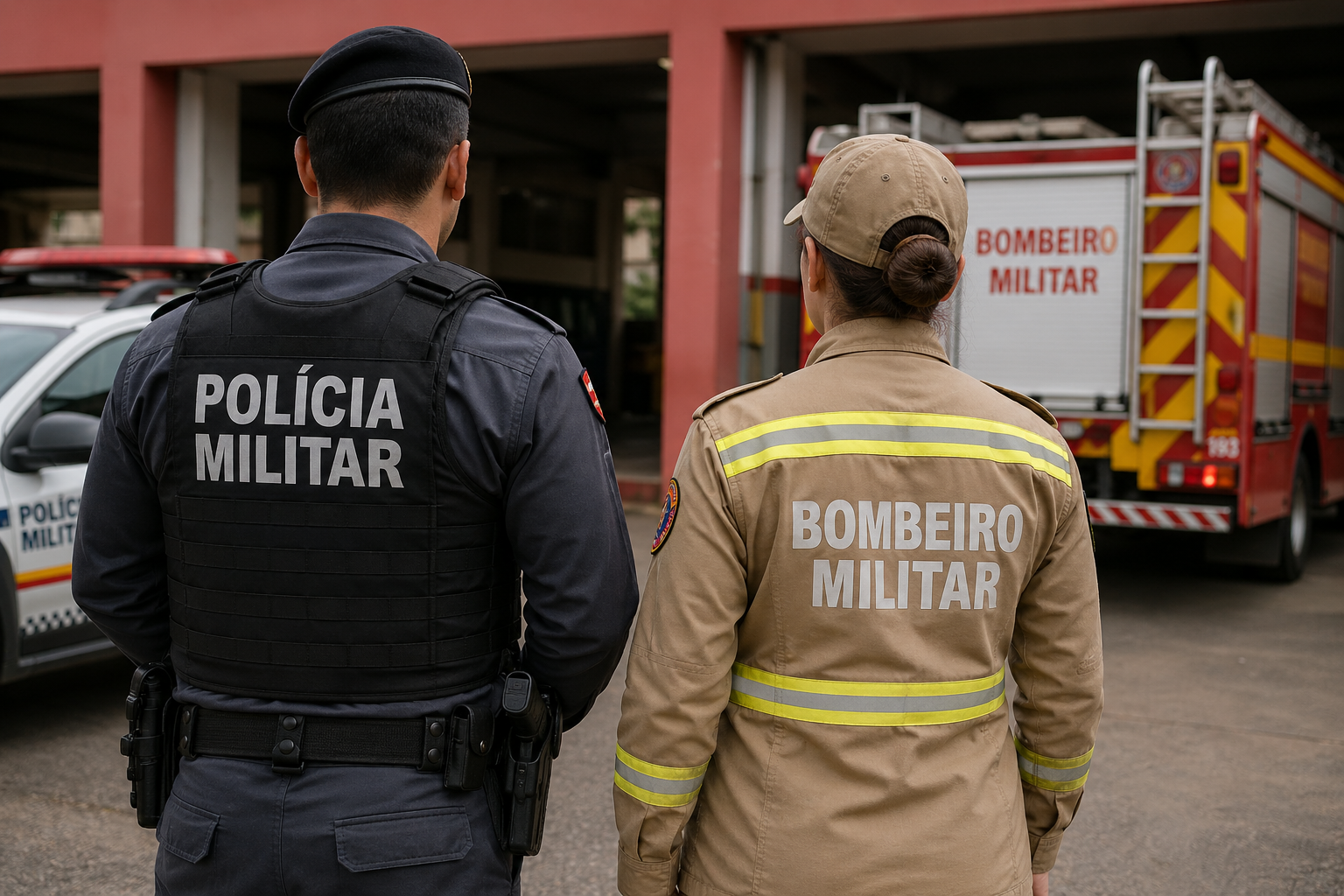 Policial militar de costas com colete preto e bombeira militar com farda bege próximos a viatura vermelha.