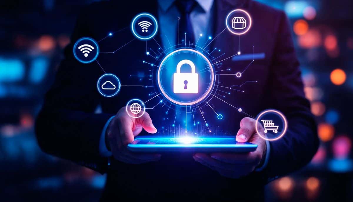 Ilustração de proteção digital com cadeado virtual e ícones de redes, nuvem e comércio eletrônico representando segurança da informação.