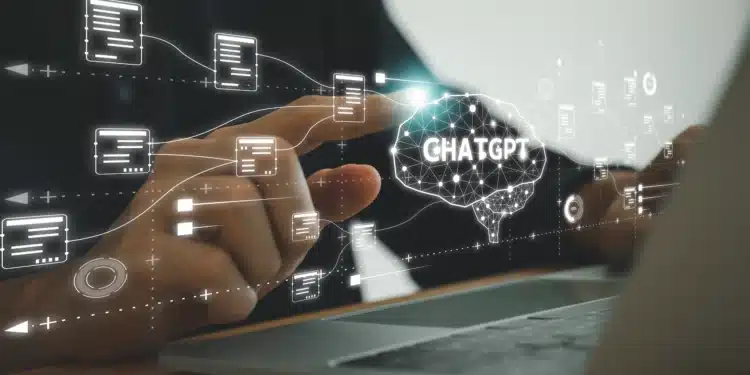 Pessoa usando ChatGPT no notebook para estudar, com interface digital representando organização de tarefas e análise de conteúdos.