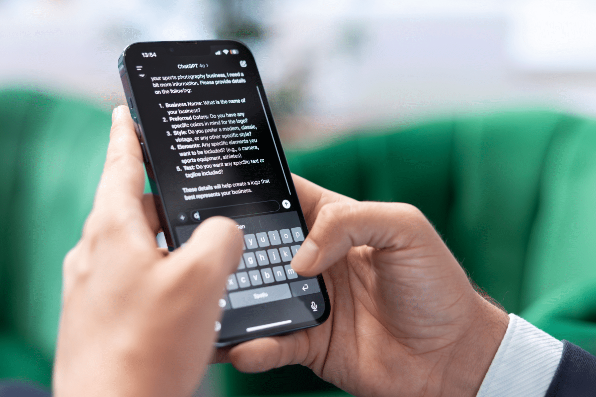 Mãos masculinas digitando no iPhone com app ChatGPT 4o exibindo perguntas para criação de logo em fundo verde