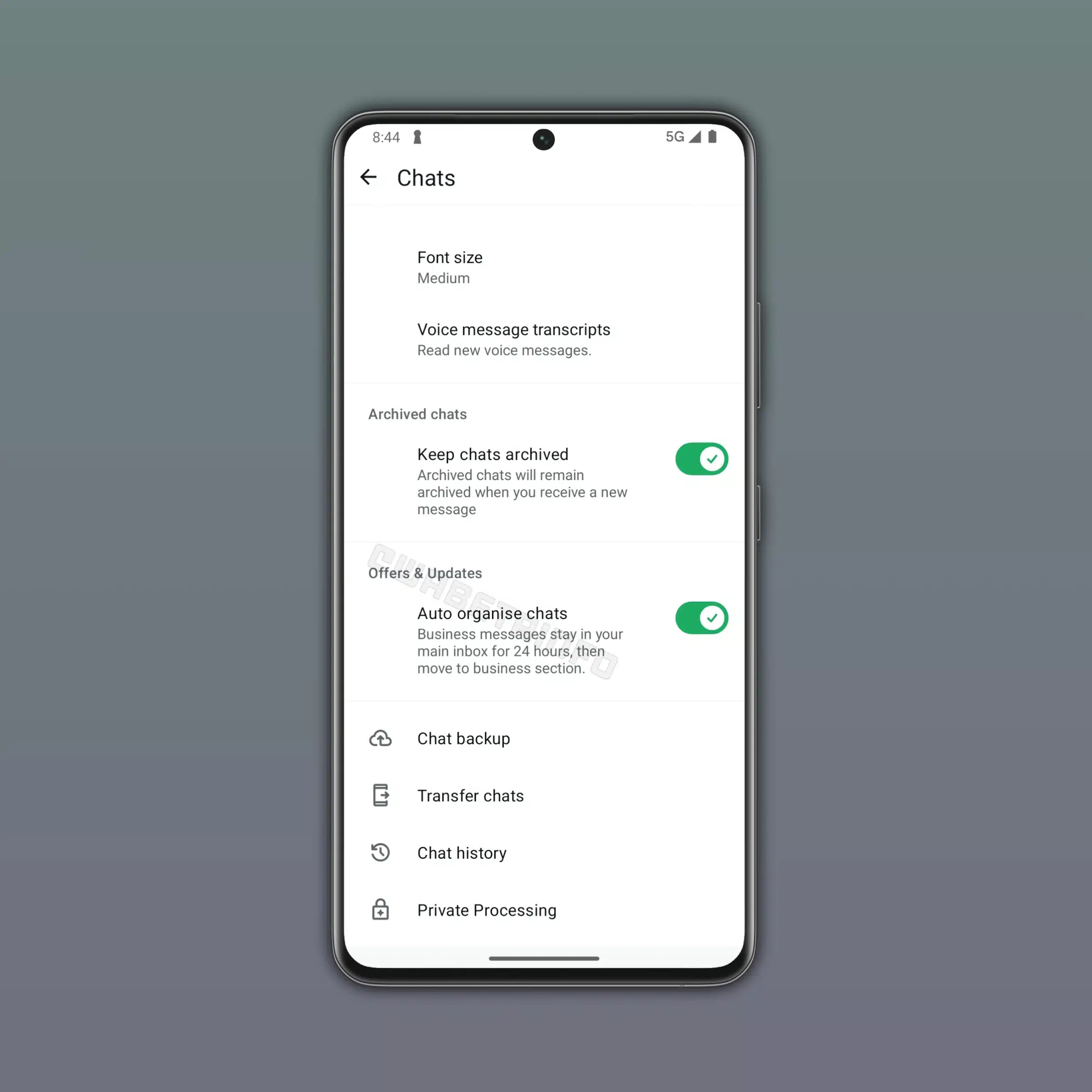 Tela do WhatsApp mostrando configurações de chats, com a opção para organizar automaticamente conversas comerciais, destacando a função de redução de spam.