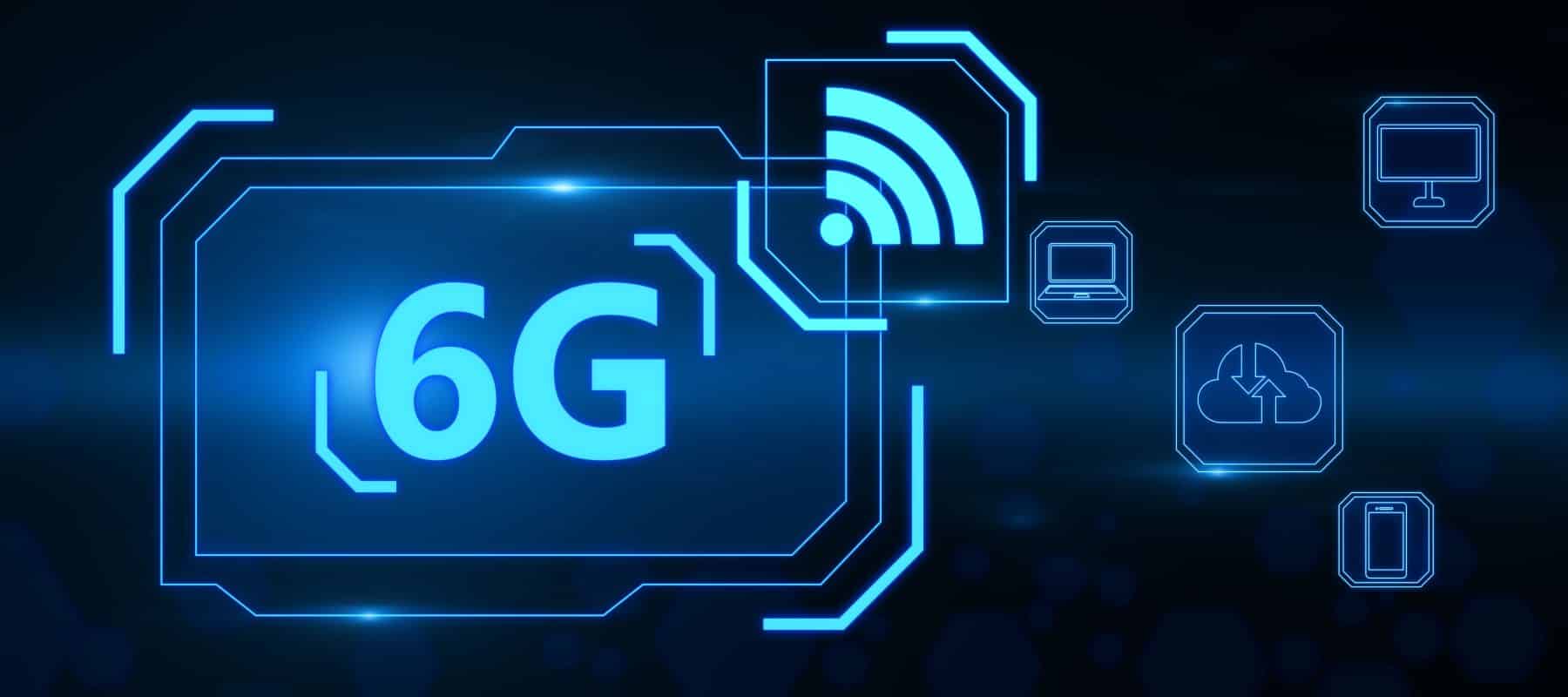 Representação digital da rede 6G mostrando conectividade sem fio avançada entre dispositivos móveis e computação em nuvem.