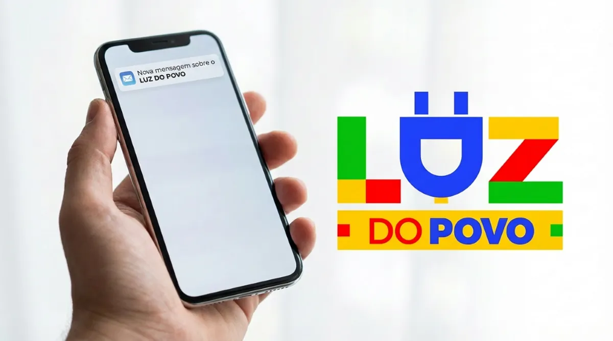 Notificação no celular sobre o programa Luz do Povo, com destaque para a comunicação digital via WhatsApp.