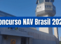 Torre de controle e prédio da NAV Brasil com logo colorido e texto "Concurso NAV Brasil 2026" em banner azul