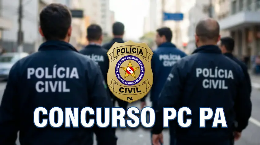 Logo da Polícia Civil do Pará (PC PA) e policiais em ação na cidade, com foco no concurso PC PA.
