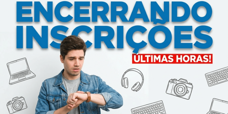 Jovem de expressão preocupada olhando relógio diante do aviso "ENCERRANDO INSCRIÇÕES"