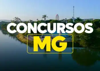 Vista panorâmica da Lagoa da Pampulha com Igrejinha projetada por Oscar Niemeyer e texto "Concursos MG"