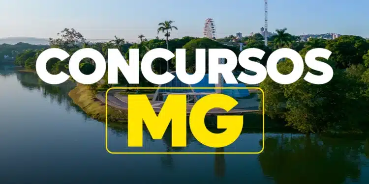 Vista panorâmica da Lagoa da Pampulha com Igrejinha projetada por Oscar Niemeyer e texto "Concursos MG"