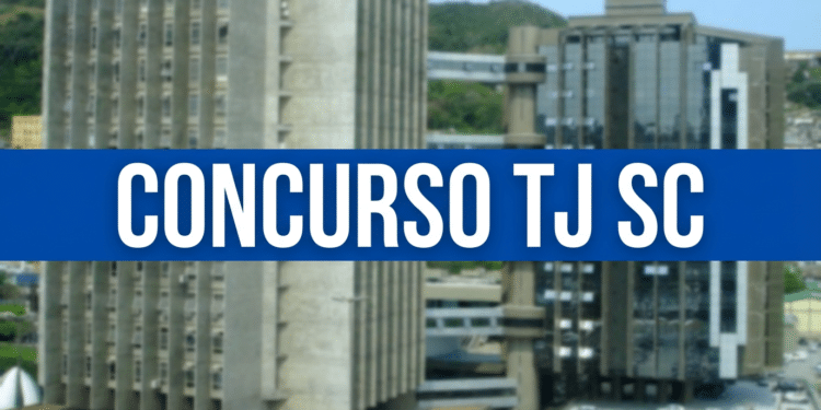 Sede do Tribunal de Justiça de Santa Catarina com faixa azul sobreposta exibindo texto "CONCURSO TJ SC"
