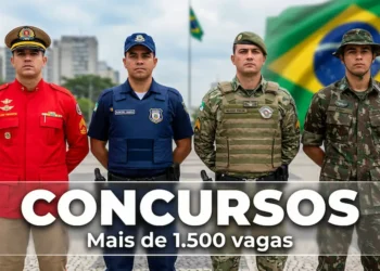 Foto de uniformes de profissionais das forças de segurança, incluindo Bombeiros, Polícia e Exército, com destaque para os concursos públicos que oferecem mais de 1.500 vagas.