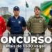 Foto de uniformes de profissionais das forças de segurança, incluindo Bombeiros, Polícia e Exército, com destaque para os concursos públicos que oferecem mais de 1.500 vagas.