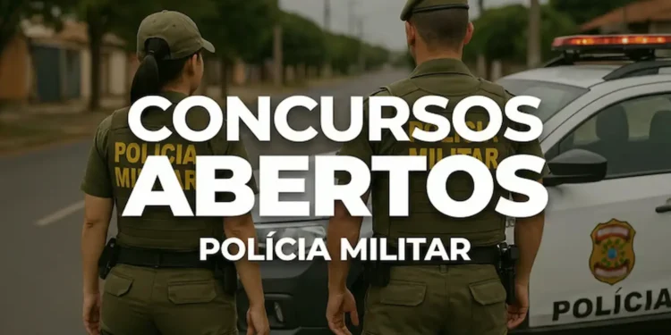 Policiais militares ao lado de viatura ilustrando concursos públicos com vagas abertas no Brasil.
