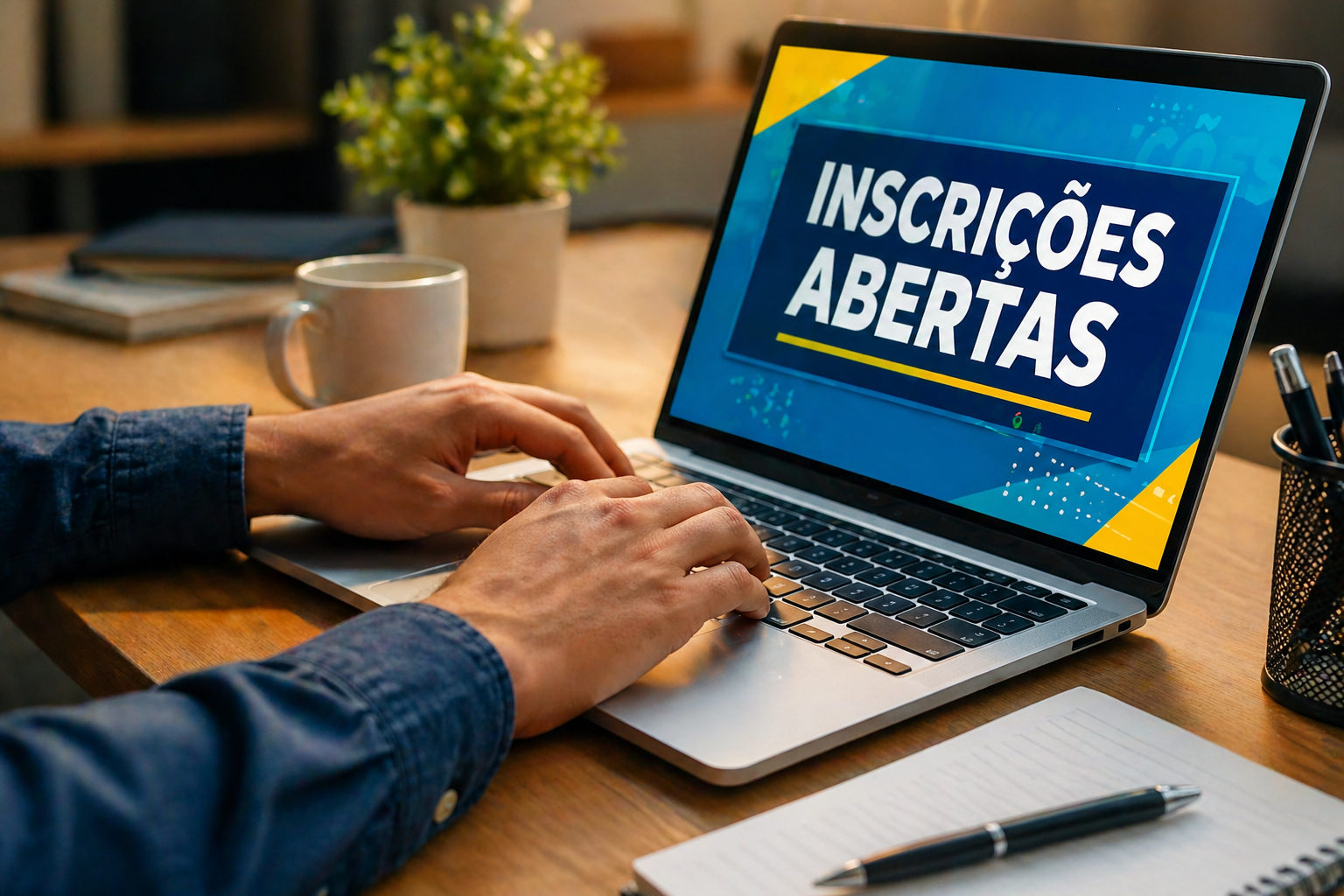 Mãos digitando em laptop prateado com tela mostrando "Inscrições Abertas" em azul e amarelo, mesa com xícara e planta