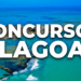 Vista aérea do litoral de Alagoas com águas azul-turquesa, texto "Concursos Alagoas" em letras brancas
