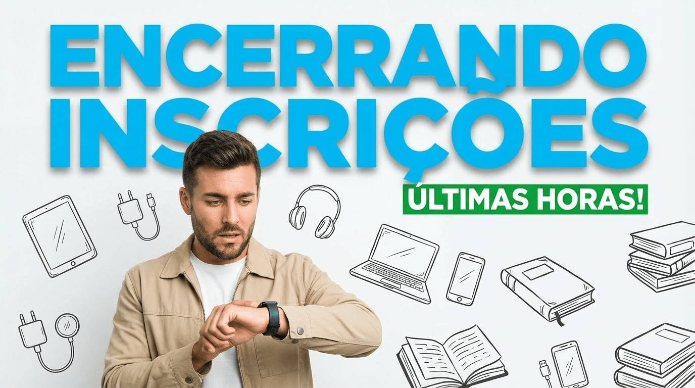 Homem de jaqueta bege olha smartwatch com urgência, cercado por ícones de tecnologia e livros, texto "Encerrando Inscrições"